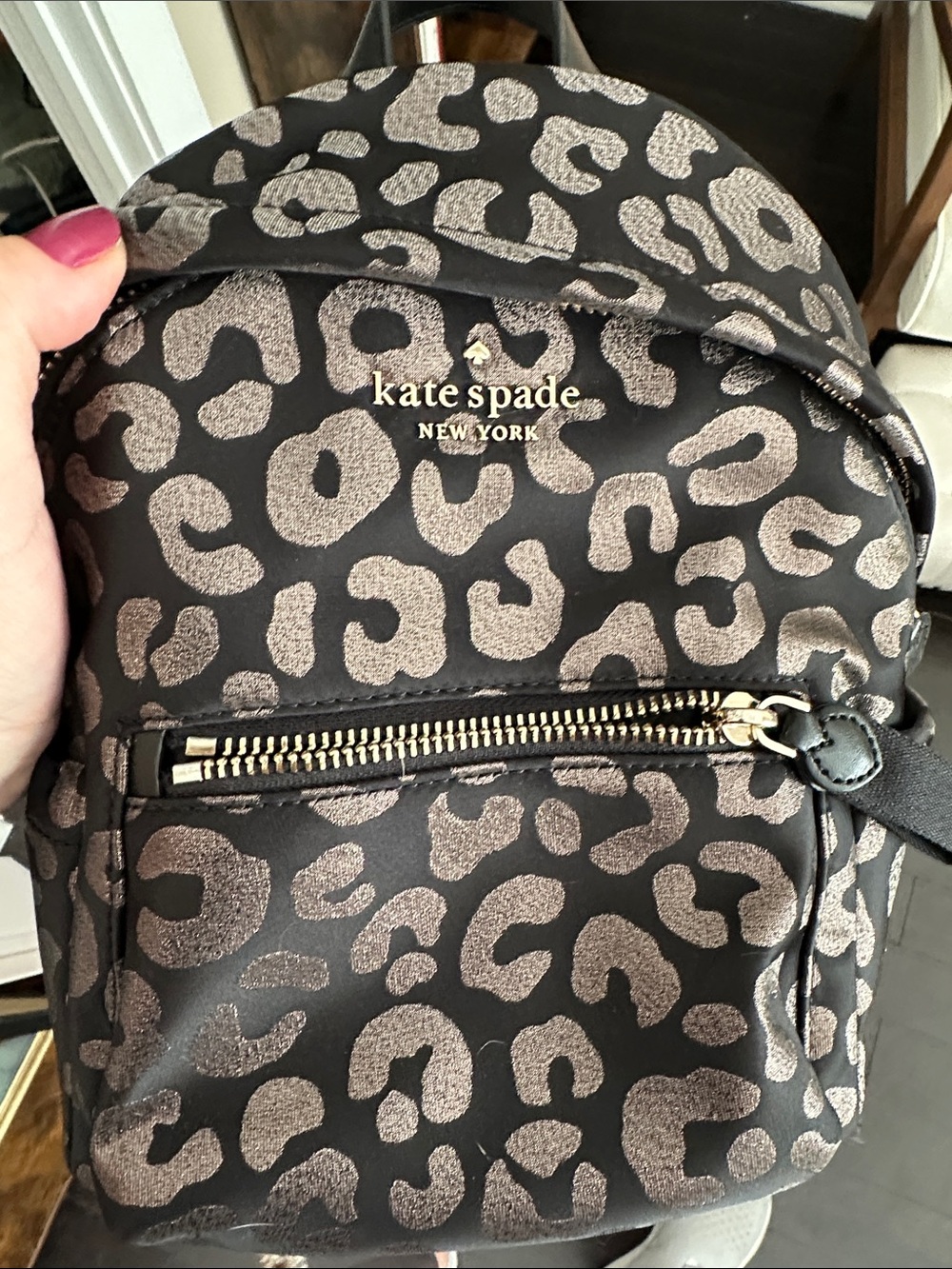 PRACTICALLY NEW kate spade black backpack with metallic taupe leopard print - Picture 3 of 5